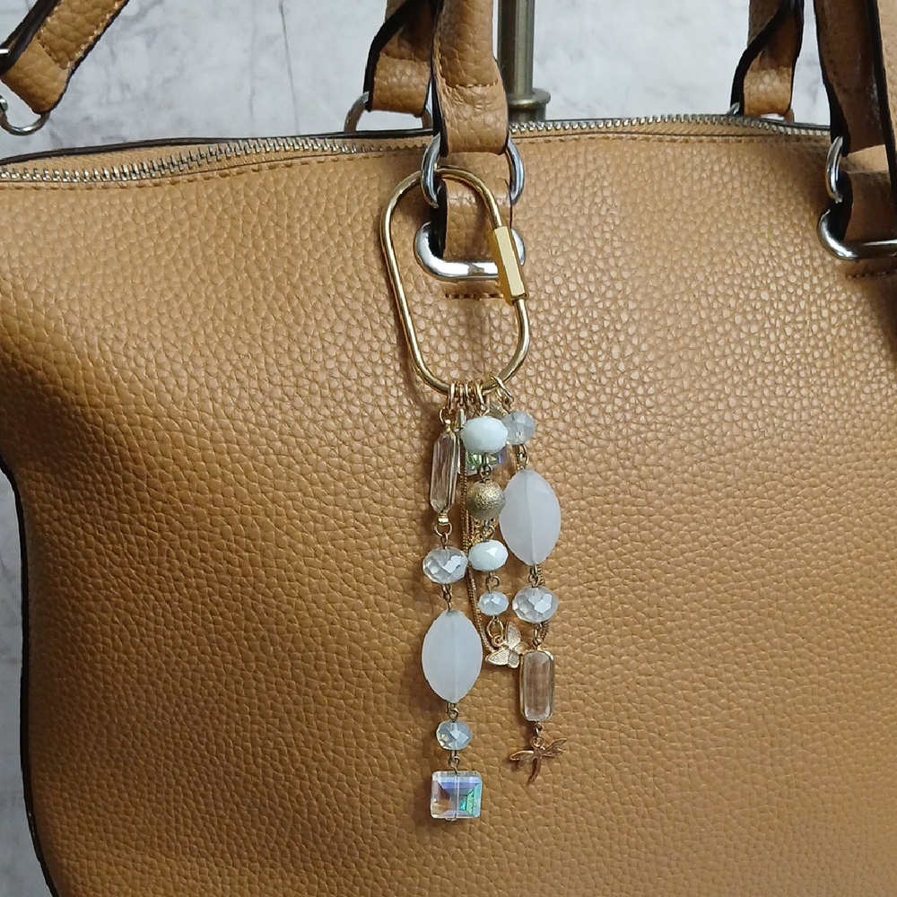 Carabiner Bag Charm With White And Gold Beads